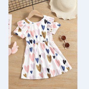 Girls Heart Print Ruffle Shoulder Dress
